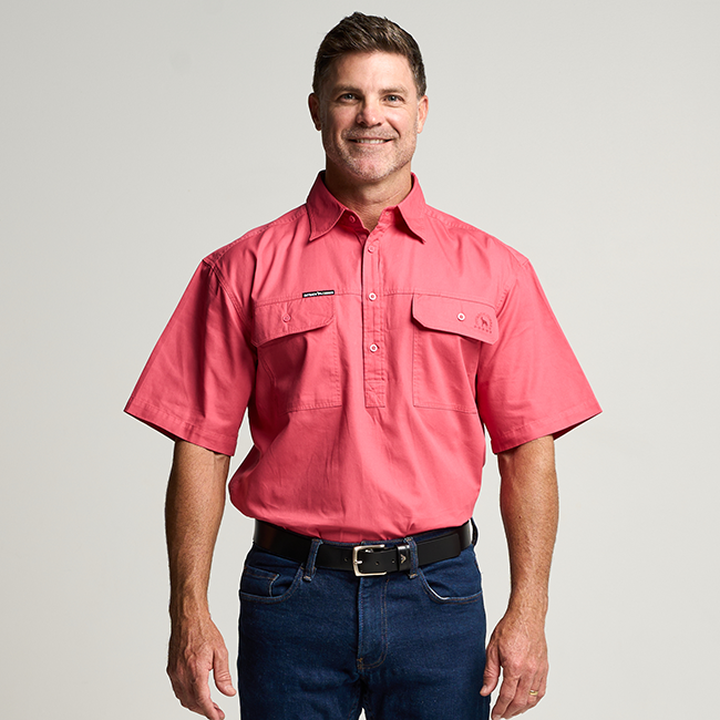 KILCOY | Mens Half Button Short Sleeve Work Shirt - Hibiscus Pink