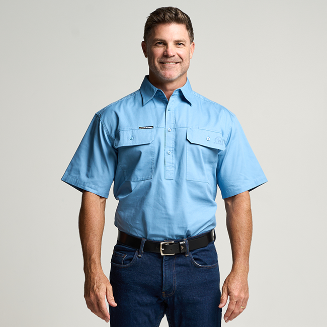 KILCOY | Mens Half Button Short Sleeve Work Shirt - Sky Blue