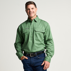 KILCOY | Mens Half Button Long Sleeve Work Shirt - Gum Leaf Green