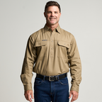 KILCOY | Mens Half Button Long Sleeve Work Shirt - Khaki