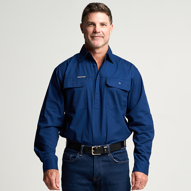 KILCOY | Mens Half Button Long Sleeve Work Shirt - Navy
