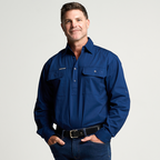 KILCOY | Mens Half Button Long Sleeve Work Shirt - Navy
