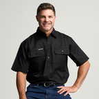 KILCOY | Mens Half Button Short Sleeve Work Shirt - Black