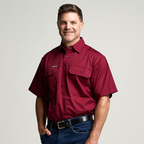 KILCOY | Mens Half Button Short Sleeve Work Shirt - Burgundy