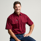 KILCOY | Mens Half Button Short Sleeve Work Shirt - Burgundy