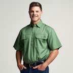 KILCOY | Mens Half Button Short Sleeve Work Shirt - Gum Leaf Green