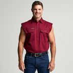 KILCOY | Mens Half Button Sleeveless Work Shirt - Burgundy