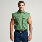 KILCOY | Mens Half Button Sleeveless Work Shirt - Gum Leaf Green