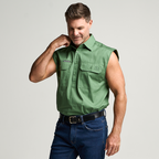KILCOY | Mens Half Button Sleeveless Work Shirt - Gum Leaf Green