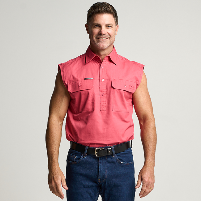 KILCOY | Mens Half Button Sleeveless Work Shirt - Hibiscus Pink