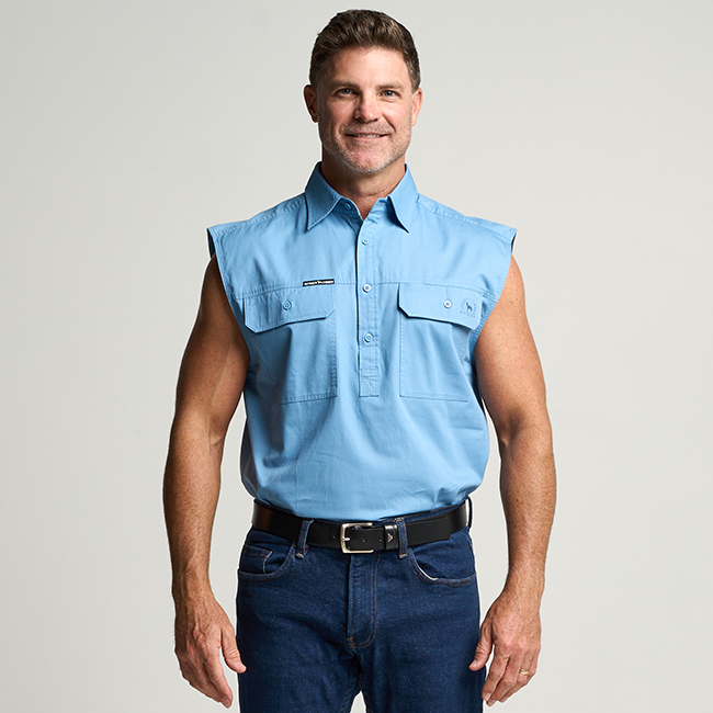 KILCOY | Mens Half Button Sleeveless Work Shirt - Sky Blue