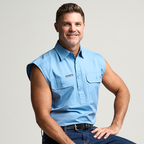 KILCOY | Mens Half Button Sleeveless Work Shirt - Sky Blue