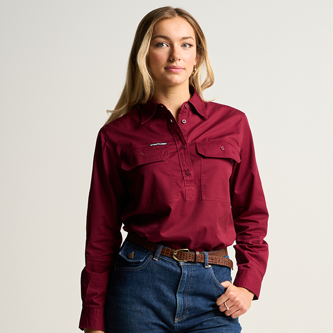SOMERSET | Womens Half Button Long Sleeve Work Shirt - Burgundy SOMERSET | Womens Half Button Long Sleeve Work Shirt - Burgundy
